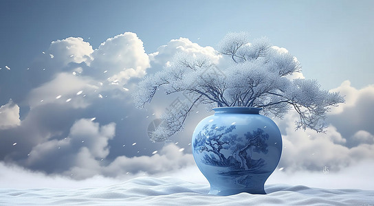 大雪中一个巨大的青花瓷古风花瓶插着古松树枝背景图片