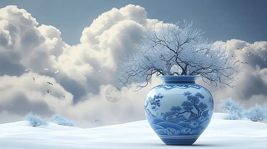 雪地中精美雕花古风花瓶插着古松背景图片