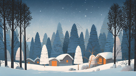 唯美的冬天森林中几座卡通小房子背景图片