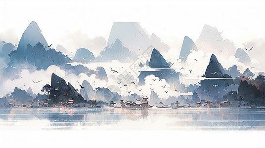中国风山水画梦幻唯美的山川风景背景图片