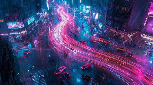夜晚城市雨中繁忙的卡通公路夜景高清图片
