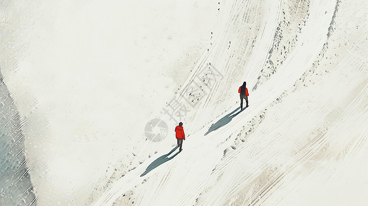 徒步雪山两个爬雪山小小的卡通人物扁平风插画插画