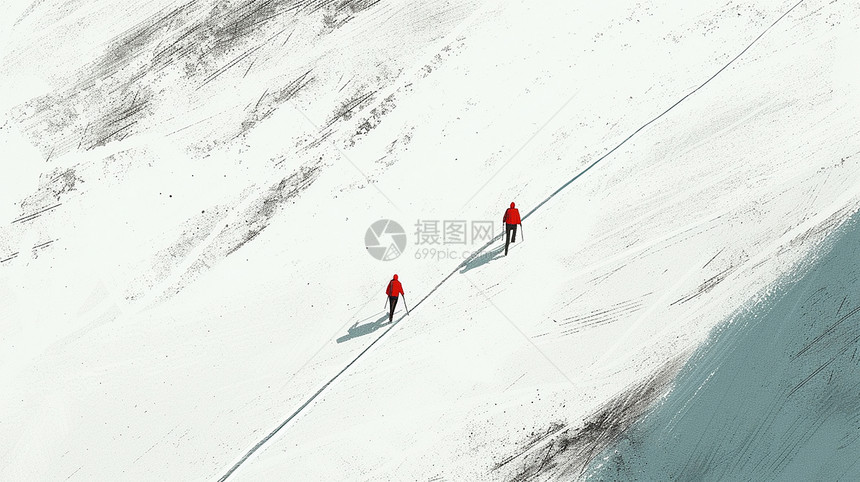 两个穿红色衣服的卡通人物剪影在白白的雪地中徒步图片