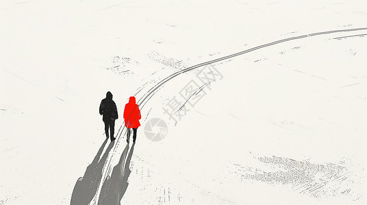 在雪地中散步的两个小小的卡通人物简约风插画高清图片