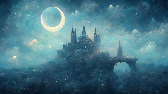夜晚梦幻山顶上一座卡通城堡背景图片