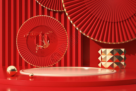 3d新春背景红色光影展台设计图片