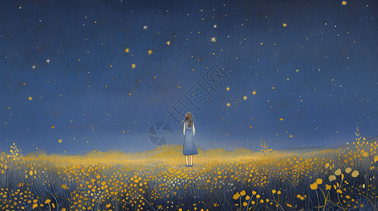 蓝色木盒与黄花穿着蓝色长裙站在夜晚花丛中的卡通女孩背影插画