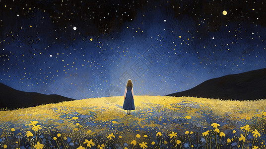 黄花夜晚站在一片开满黄色花朵的山坡上一个卡通女孩背影插画