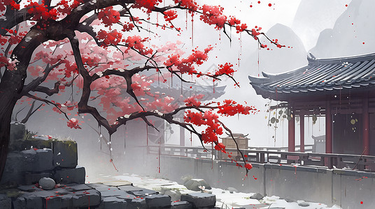 傲雪红梅古风院落中一株开满红梅花的树唯美卡通风景画插画