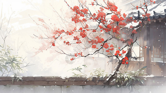 傲雪红梅冬天古风院墙头上一株红梅树插画