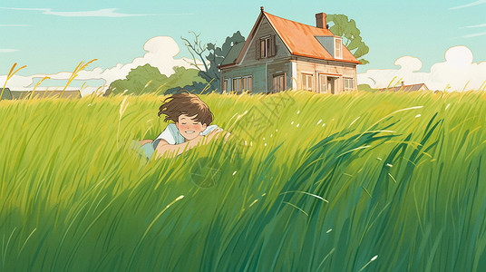趴在高高的草地上开心笑的卡通小男孩背景图片