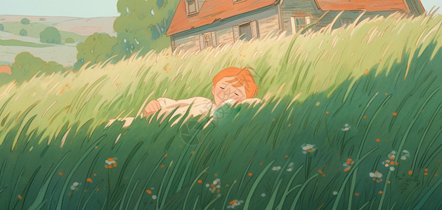 躺在绿草中睡觉的可爱卡通小男孩背景图片