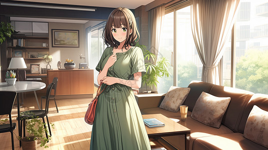 穿着豆绿色长裙的可爱卡通小女孩在房间中背景图片
