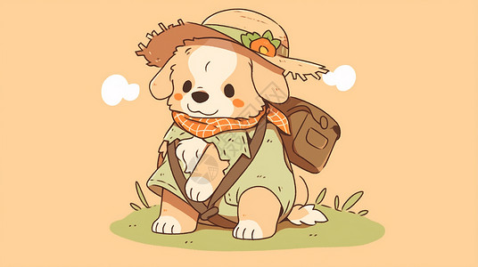 背着旅行包戴着草帽准备旅行的卡通小狗插画