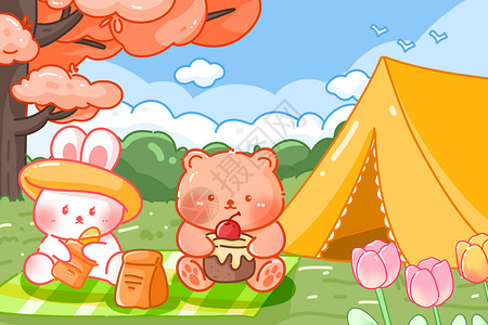 春天小兔子和小熊野营插画图片