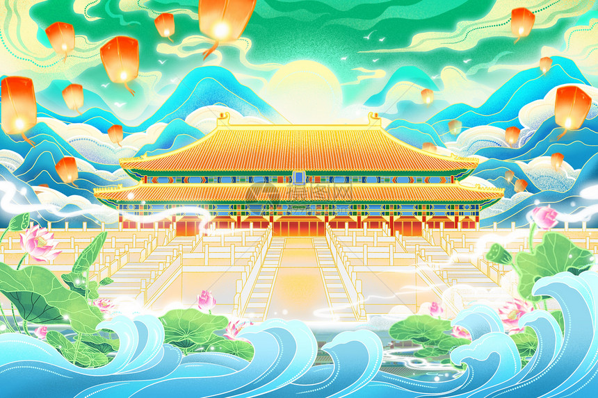 国潮风北京古建筑故宫太和殿孔明灯山水荷塘图片