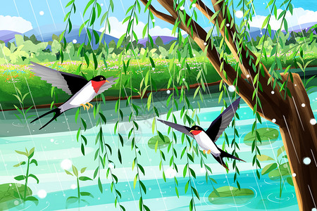 春天植物柳树发芽燕子双飞插画图片素材