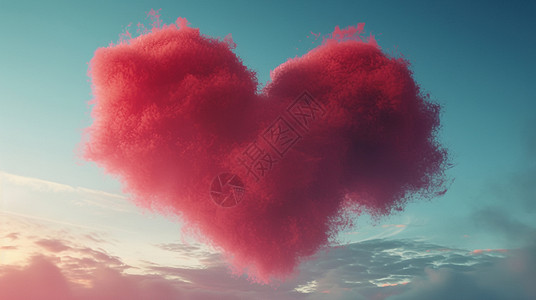 天空悬浮的红色抽象爱心形状卡通云朵背景图片