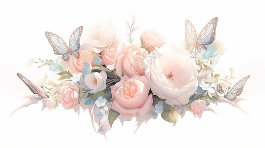 粉色玫瑰与美丽的卡通蝴蝶高清图片