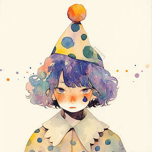 戴着小丑帽子可爱的水彩风卡通小女孩高清图片