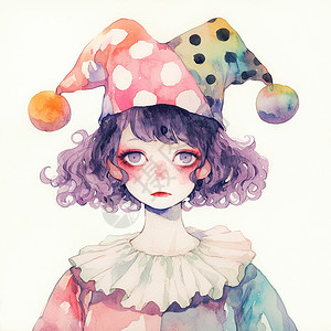 戴着小丑帽子可爱的水彩风卡通小女孩背景图片