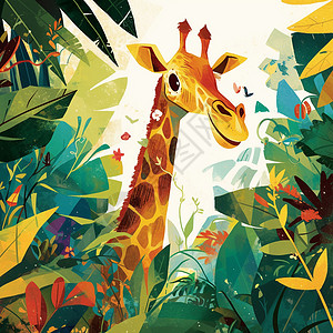 森林中可爱的卡通长颈鹿背景图片