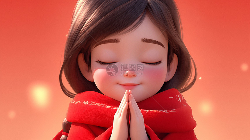 双手合十穿着红色外套在祈福的卡通女孩图片