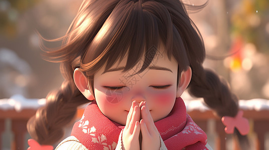 闭眼双手合十虔诚祈福的可爱立体卡通小女孩背景图片