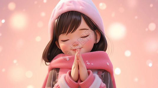 闭眼双手合十虔诚祈福的可爱立体卡通小女孩背景图片