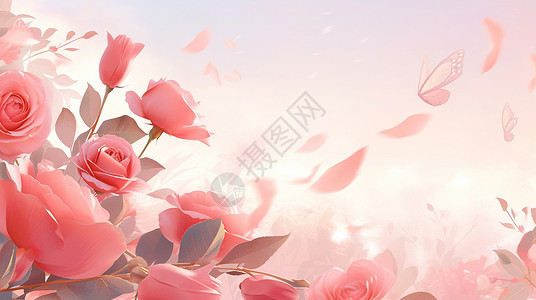 背景玫瑰花盛开漂亮的红色卡通玫瑰花插画