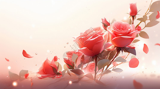 红色玫瑰花盛开漂亮的红色卡通玫瑰花插画