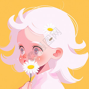 白色雏菊花小清新白色头发可爱的卡通小女孩与小雏菊简约插画插画