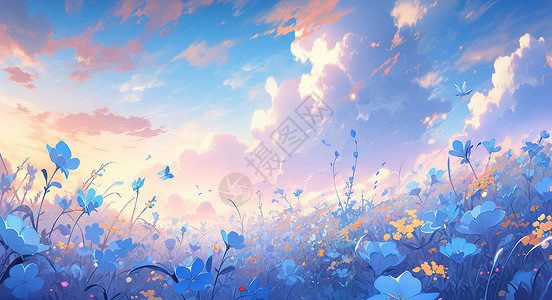 蓝色花丛傍晚一片美丽漂亮的花丛卡通场景插画