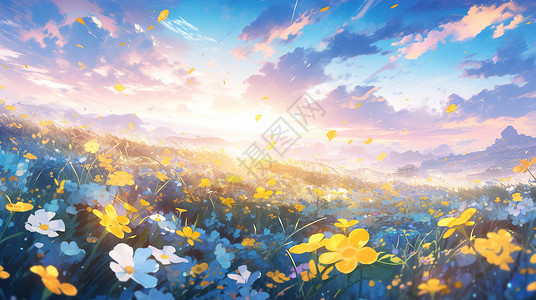 蓝色树叶花朵花丛傍晚一片美丽漂亮的花丛卡通场景插画