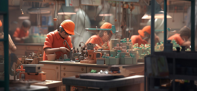 劳动节在工厂工作的卡通工人背景图片