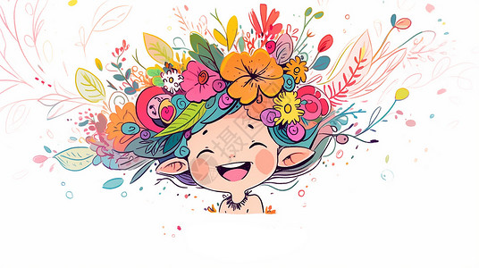 手绘风多彩花环手绘风可爱的卡通女孩头上戴着花环插画