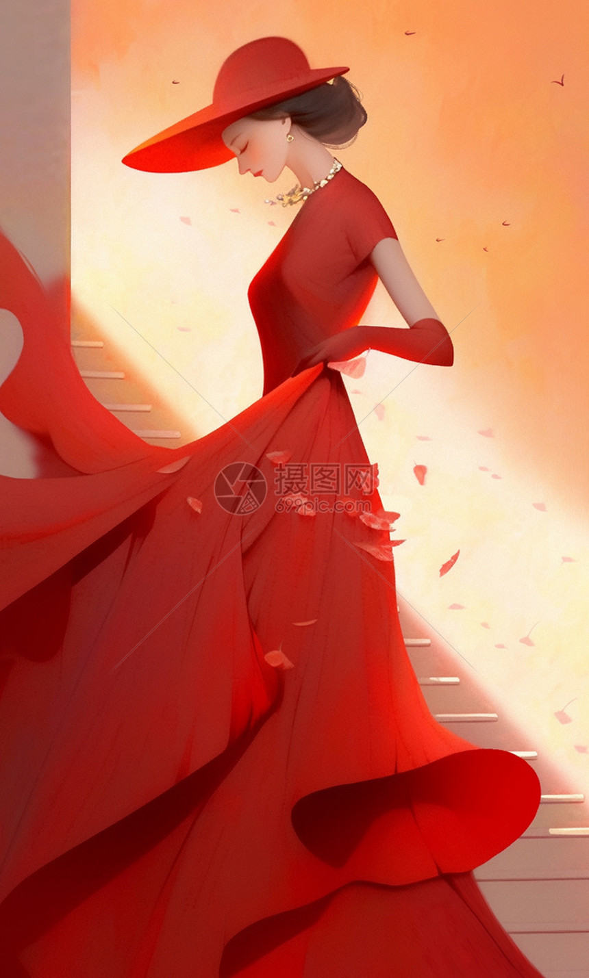 穿着红色长裙优雅时尚的卡通女人图片