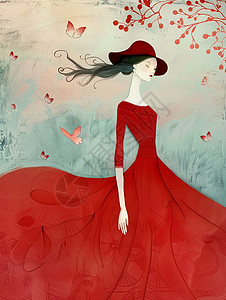 简约风穿着红色长裙的复古卡通女人插画高清图片