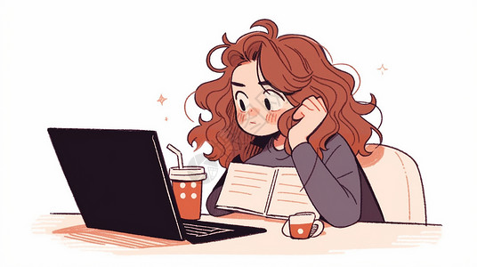 女孩喝坐在电脑前忙碌工作的卡通女青年插画