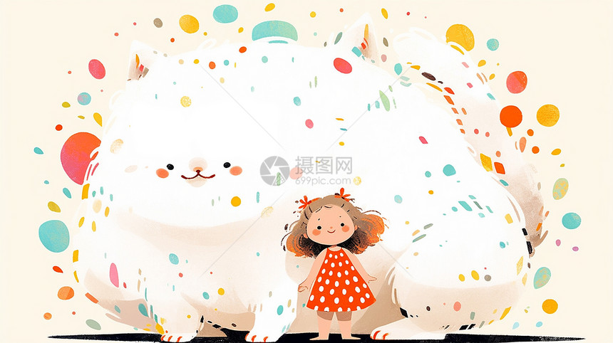 在巨大的白猫前可爱的卡通小女孩儿童插画图片