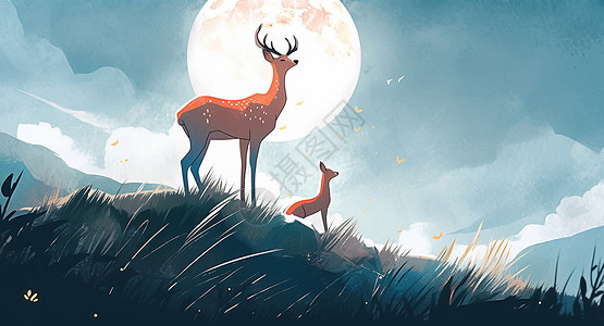 圆圆的月下两只可爱的卡通小鹿在山坡上赏月背景图片