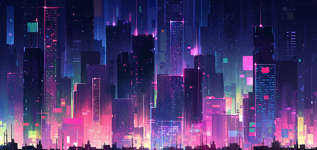 紫色闹钟卡通夜晚华丽扁平风炫彩的卡通城市插画