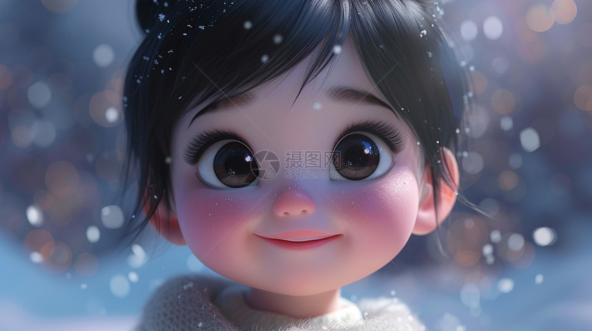 大雪中微笑可爱的卡通小女孩图片