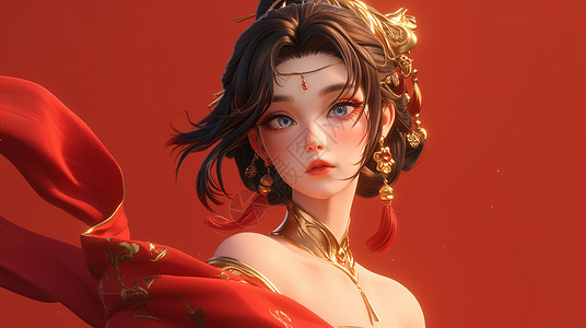 穿着红色喜庆的古风服装漂亮优雅的卡通女人背景图片