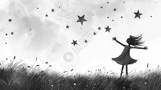 梦幻星空下开心笑可爱的卡通小女孩线稿背景图片