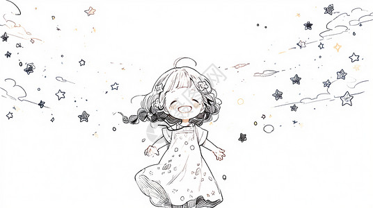 星空下可爱的卡通小女孩线稿背景图片