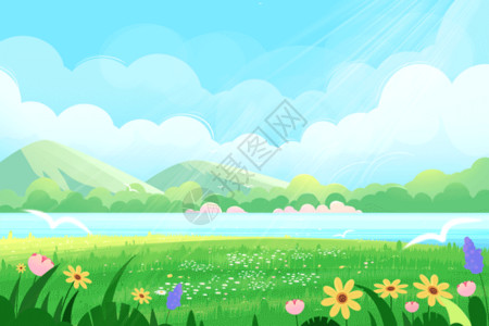 春天的花朵春天户外蓝天白云草地春天春季GIF高清图片