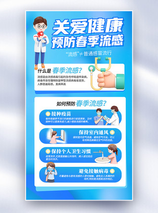 医生手势蓝色大气预防春季流感全屏海报模板