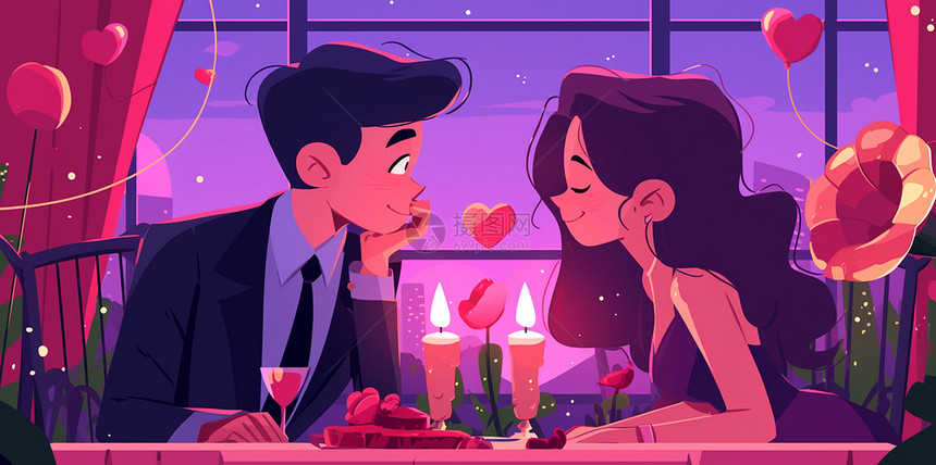 共进烛光晚餐的甜蜜的卡通青年情侣图片