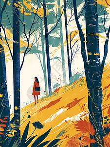 扁平风茂密的卡通树林中一个小小的女孩在玩耍高清图片